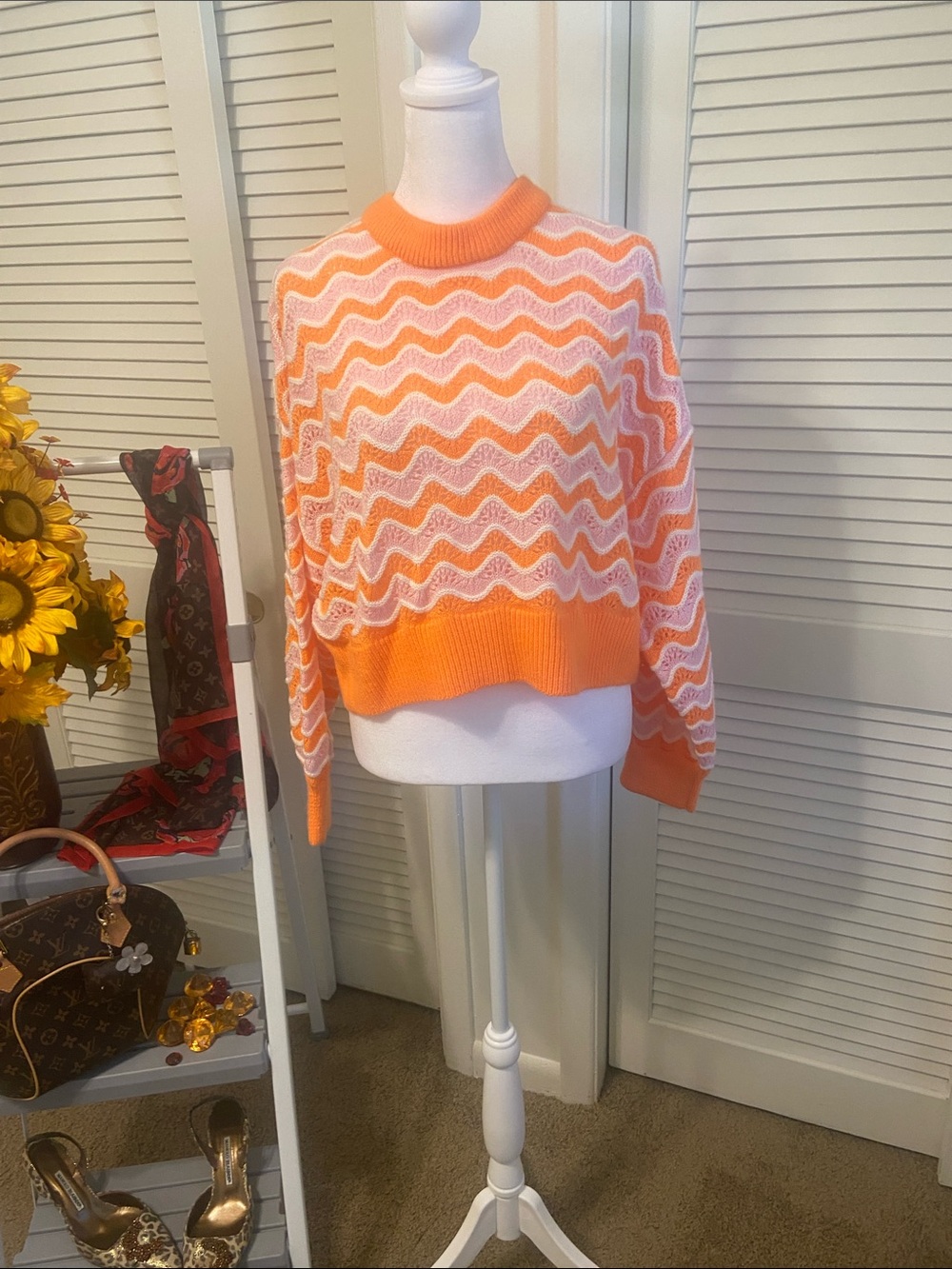 SHEIN Orange & White Wave Crewneck Sweater